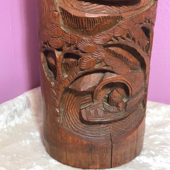 Vintage MCM Mid-Century Modern Wood Lamp * Hand Carved Fishing Water Boat Trees - Picture 8 of 13